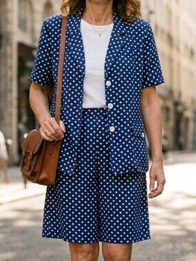 Vintage Woman's Linea Privata Two-Piece Blue White Polka Dot Culottes Suit Set